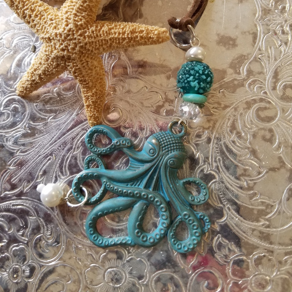 Womens octopus necklace. Handmade patina & glass
